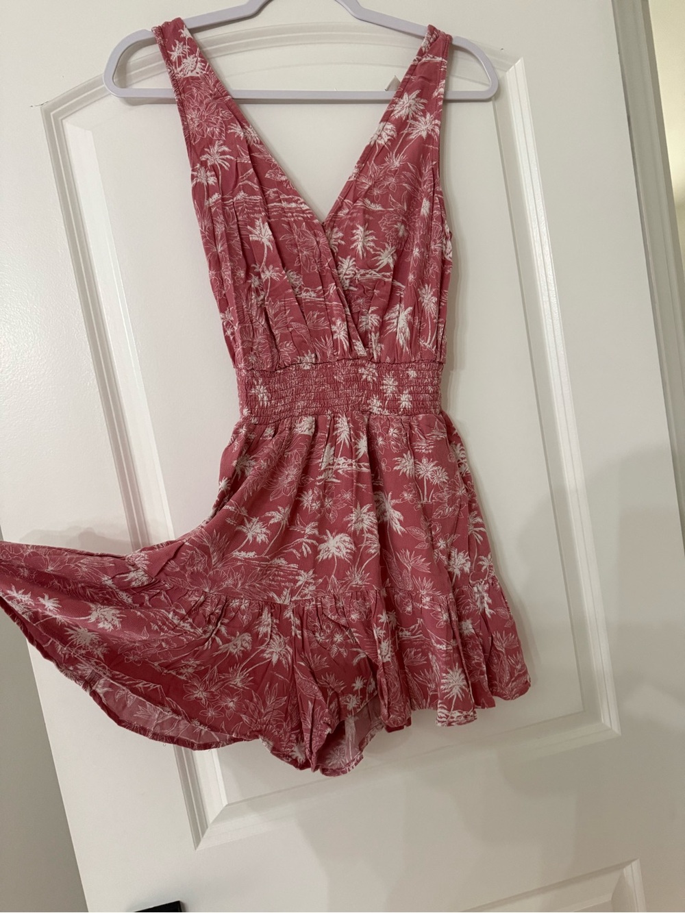 American Eagle Outfitters Dusty Pink Palm-Print Smocked One-Piece